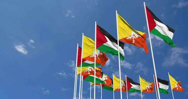 Bhutan and Palestine Flags Waving Together in the Sky, Seamless Loop in Wind, Space on Left Side for Design or Information, 3D Rendering video