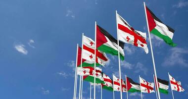 Georgia and Palestine Flags Waving Together in the Sky, Seamless Loop in Wind, Space on Left Side for Design or Information, 3D Rendering video