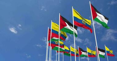 Ecuador and Palestine Flags Waving Together in the Sky, Seamless Loop in Wind, Space on Left Side for Design or Information, 3D Rendering video