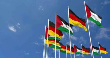 Germany and Palestine Flags Waving Together in the Sky, Seamless Loop in Wind, Space on Left Side for Design or Information, 3D Rendering video