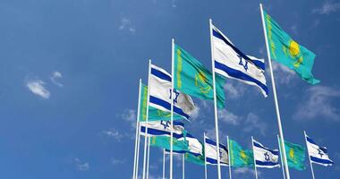 Cazaquistão e Israel bandeiras acenando juntos dentro a céu, desatado ciclo dentro vento, espaço em esquerda lado para Projeto ou Informação, 3d Renderização video