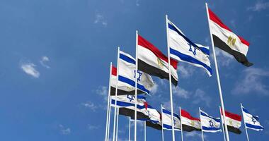 Egypt and Israel Flags Waving Together in the Sky, Seamless Loop in Wind, Space on Left Side for Design or Information, 3D Rendering video