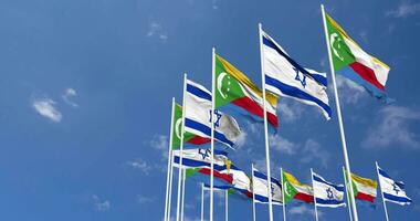 komorerna och Israel flaggor vinka tillsammans i de himmel, sömlös slinga i vind, Plats på vänster sida för design eller information, 3d tolkning video