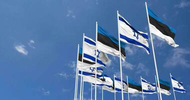 Estonia and Israel Flags Waving Together in the Sky, Seamless Loop in Wind, Space on Left Side for Design or Information, 3D Rendering video