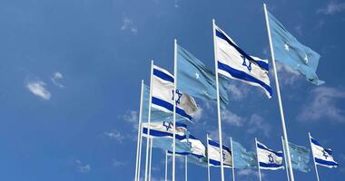 Federated States of Micronesia and Israel Flags Waving Together in the Sky, Seamless Loop in Wind, Space on Left Side for Design or Information, 3D Rendering video