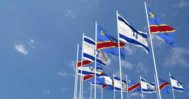 DR Congo and Israel Flags Waving Together in the Sky, Seamless Loop in Wind, Space on Left Side for Design or Information, 3D Rendering video