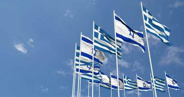 Greece and Israel Flags Waving Together in the Sky, Seamless Loop in Wind, Space on Left Side for Design or Information, 3D Rendering video