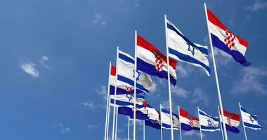 Croacia y Israel banderas ondulación juntos en el cielo, sin costura lazo en viento, espacio en izquierda lado para diseño o información, 3d representación video