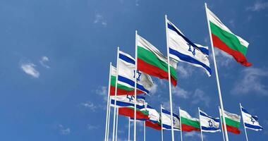 Bulgaria and Israel Flags Waving Together in the Sky, Seamless Loop in Wind, Space on Left Side for Design or Information, 3D Rendering video