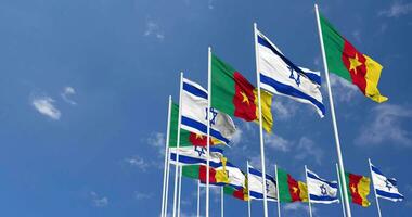 Cameroon and Israel Flags Waving Together in the Sky, Seamless Loop in Wind, Space on Left Side for Design or Information, 3D Rendering video