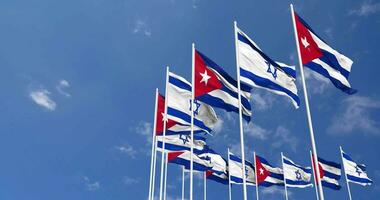 Cuba y Israel banderas ondulación juntos en el cielo, sin costura lazo en viento, espacio en izquierda lado para diseño o información, 3d representación video