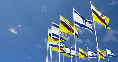 Brunei y Israel banderas ondulación juntos en el cielo, sin costura lazo en viento, espacio en izquierda lado para diseño o información, 3d representación video