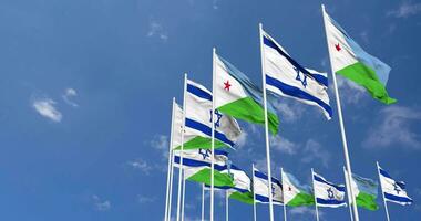 Djibouti and Israel Flags Waving Together in the Sky, Seamless Loop in Wind, Space on Left Side for Design or Information, 3D Rendering video