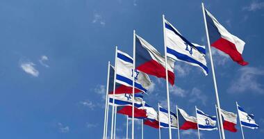 Czech Republic and Israel Flags Waving Together in the Sky, Seamless Loop in Wind, Space on Left Side for Design or Information, 3D Rendering video