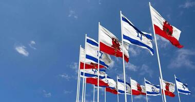 Gibraltar and Israel Flags Waving Together in the Sky, Seamless Loop in Wind, Space on Left Side for Design or Information, 3D Rendering video