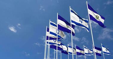 El Salvador and Israel Flags Waving Together in the Sky, Seamless Loop in Wind, Space on Left Side for Design or Information, 3D Rendering video