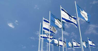 Antarctica and Israel Flags Waving Together in the Sky, Seamless Loop in Wind, Space on Left Side for Design or Information, 3D Rendering video