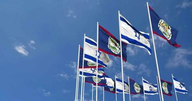 Belize et Israël drapeaux agitant ensemble dans le ciel, sans couture boucle dans vent, espace sur la gauche côté pour conception ou information, 3d le rendu video