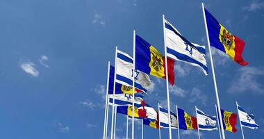 Moldova and Israel Flags Waving Together in the Sky, Seamless Loop in Wind, Space on Left Side for Design or Information, 3D Rendering video