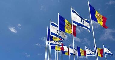 andorra och Israel flaggor vinka tillsammans i de himmel, sömlös slinga i vind, Plats på vänster sida för design eller information, 3d tolkning video
