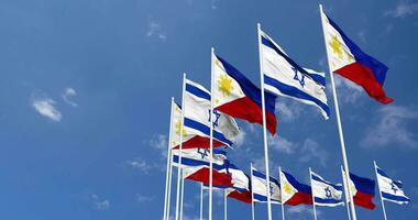 Philippines and Israel Flags Waving Together in the Sky, Seamless Loop in Wind, Space on Left Side for Design or Information, 3D Rendering video