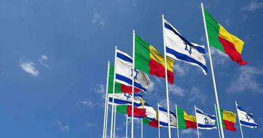 Benin and Israel Flags Waving Together in the Sky, Seamless Loop in Wind, Space on Left Side for Design or Information, 3D Rendering video