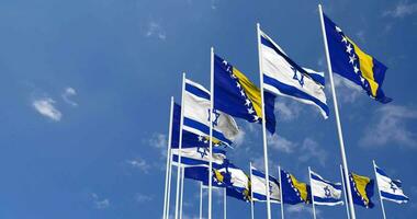 Bosnia and Herzegovina and Israel Flags Waving Together in the Sky, Seamless Loop in Wind, Space on Left Side for Design or Information, 3D Rendering video