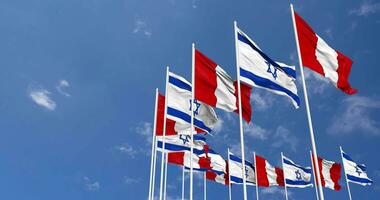 Peru and Israel Flags Waving Together in the Sky, Seamless Loop in Wind, Space on Left Side for Design or Information, 3D Rendering video