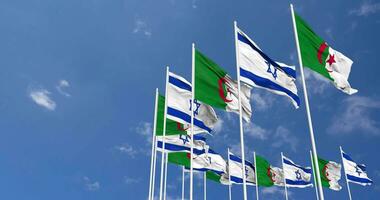 Algeria and Israel Flags Waving Together in the Sky, Seamless Loop in Wind, Space on Left Side for Design or Information, 3D Rendering video