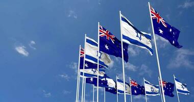 Australien och Israel flaggor vinka tillsammans i de himmel, sömlös slinga i vind, Plats på vänster sida för design eller information, 3d tolkning video