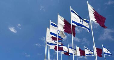 Qatar and Israel Flags Waving Together in the Sky, Seamless Loop in Wind, Space on Left Side for Design or Information, 3D Rendering video