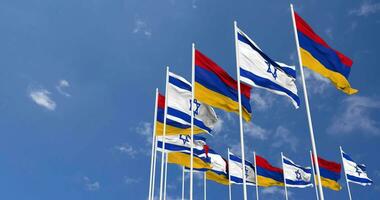 Armenia and Israel Flags Waving Together in the Sky, Seamless Loop in Wind, Space on Left Side for Design or Information, 3D Rendering video