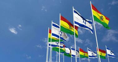 Bolivia e Israele bandiere agitando insieme nel il cielo, senza soluzione di continuità ciclo continuo nel vento, spazio su sinistra lato per design o informazione, 3d interpretazione video