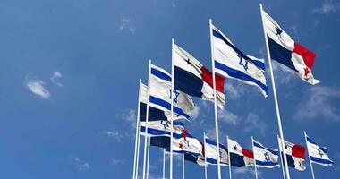 panama och Israel flaggor vinka tillsammans i de himmel, sömlös slinga i vind, Plats på vänster sida för design eller information, 3d tolkning video