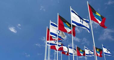 Antigua and Barbuda and Israel Flags Waving Together in the Sky, Seamless Loop in Wind, Space on Left Side for Design or Information, 3D Rendering video