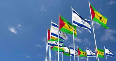 Sao Tome and Principe and Israel Flags Waving Together in the Sky, Seamless Loop in Wind, Space on Left Side for Design or Information, 3D Rendering video