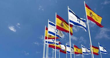 Spain and Israel Flags Waving Together in the Sky, Seamless Loop in Wind, Space on Left Side for Design or Information, 3D Rendering video