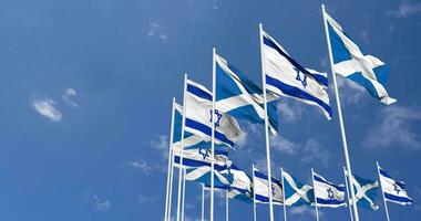 Scozia e Israele bandiere agitando insieme nel il cielo, senza soluzione di continuità ciclo continuo nel vento, spazio su sinistra lato per design o informazione, 3d interpretazione video