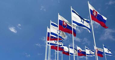 Slovakia and Israel Flags Waving Together in the Sky, Seamless Loop in Wind, Space on Left Side for Design or Information, 3D Rendering video