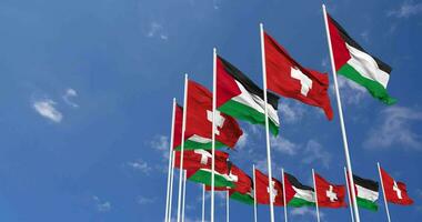 Switzerland and Palestine Flags Waving Together in the Sky, Seamless Loop in Wind, Space on Left Side for Design or Information, 3D Rendering video