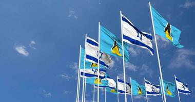 Saint Lucia and Israel Flags Waving Together in the Sky, Seamless Loop in Wind, Space on Left Side for Design or Information, 3D Rendering video