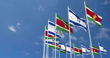 Suriname and Israel Flags Waving Together in the Sky, Seamless Loop in Wind, Space on Left Side for Design or Information, 3D Rendering video