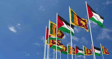 sri lanka e Palestina bandeiras acenando juntos dentro a céu, desatado ciclo dentro vento, espaço em esquerda lado para Projeto ou Informação, 3d Renderização video