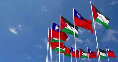 Taiwan and Palestine Flags Waving Together in the Sky, Seamless Loop in Wind, Space on Left Side for Design or Information, 3D Rendering video
