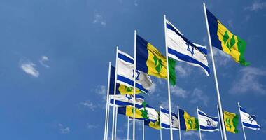 Saint Vincent and the Grenadines and Israel Flags Waving Together in the Sky, Seamless Loop in Wind, Space on Left Side for Design or Information, 3D Rendering video