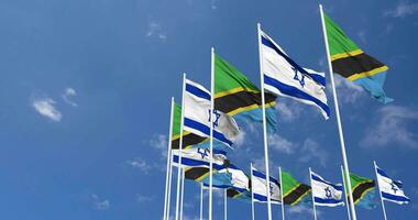 Tanzania y Israel banderas ondulación juntos en el cielo, sin costura lazo en viento, espacio en izquierda lado para diseño o información, 3d representación video
