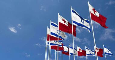 Tonga and Israel Flags Waving Together in the Sky, Seamless Loop in Wind, Space on Left Side for Design or Information, 3D Rendering video