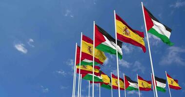 Spain and Palestine Flags Waving Together in the Sky, Seamless Loop in Wind, Space on Left Side for Design or Information, 3D Rendering video