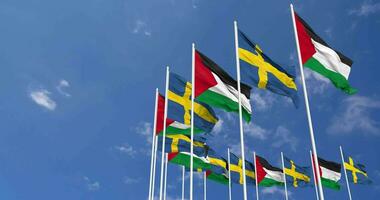 Sweden and Palestine Flags Waving Together in the Sky, Seamless Loop in Wind, Space on Left Side for Design or Information, 3D Rendering video