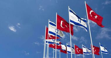 Turkey and Israel Flags Waving Together in the Sky, Seamless Loop in Wind, Space on Left Side for Design or Information, 3D Rendering video